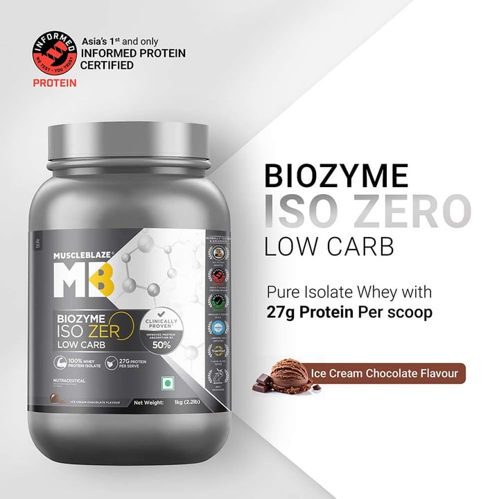 MuscleBlaze Biozyme Iso-Zero Low Carb Ice Cream Chocolate • 1 kg + shaker free worth ₹899