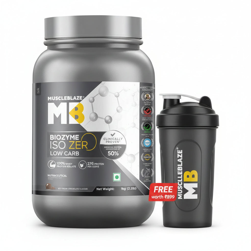 MuscleBlaze Biozyme Iso-Zero Low Carb Ice Cream Chocolate • 1 kg + shaker free worth ₹899