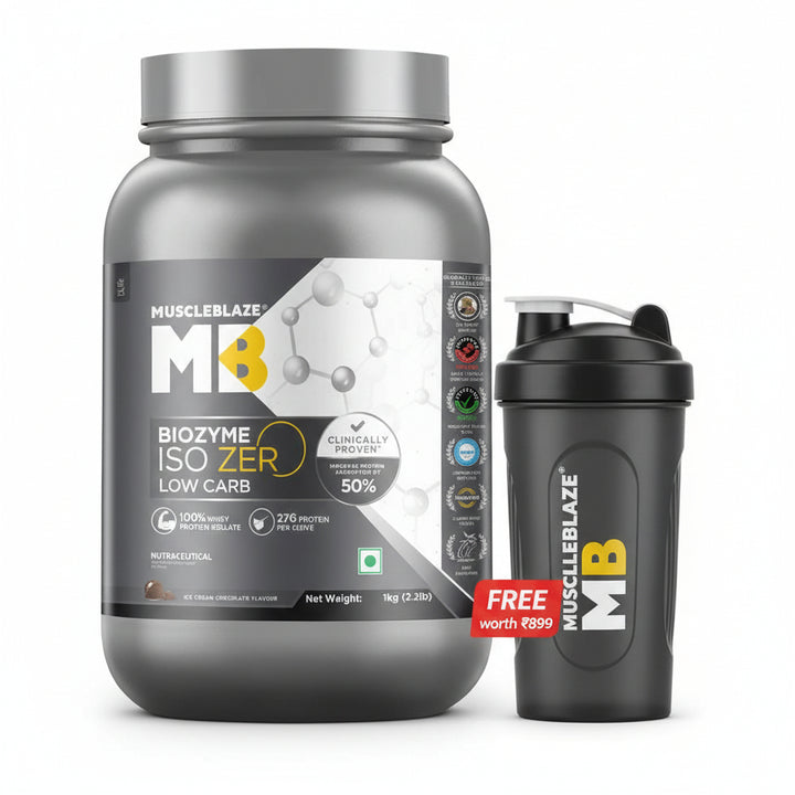 MuscleBlaze Biozyme Iso-Zero Low Carb Ice Cream Chocolate • 1 kg + shaker free worth ₹899
